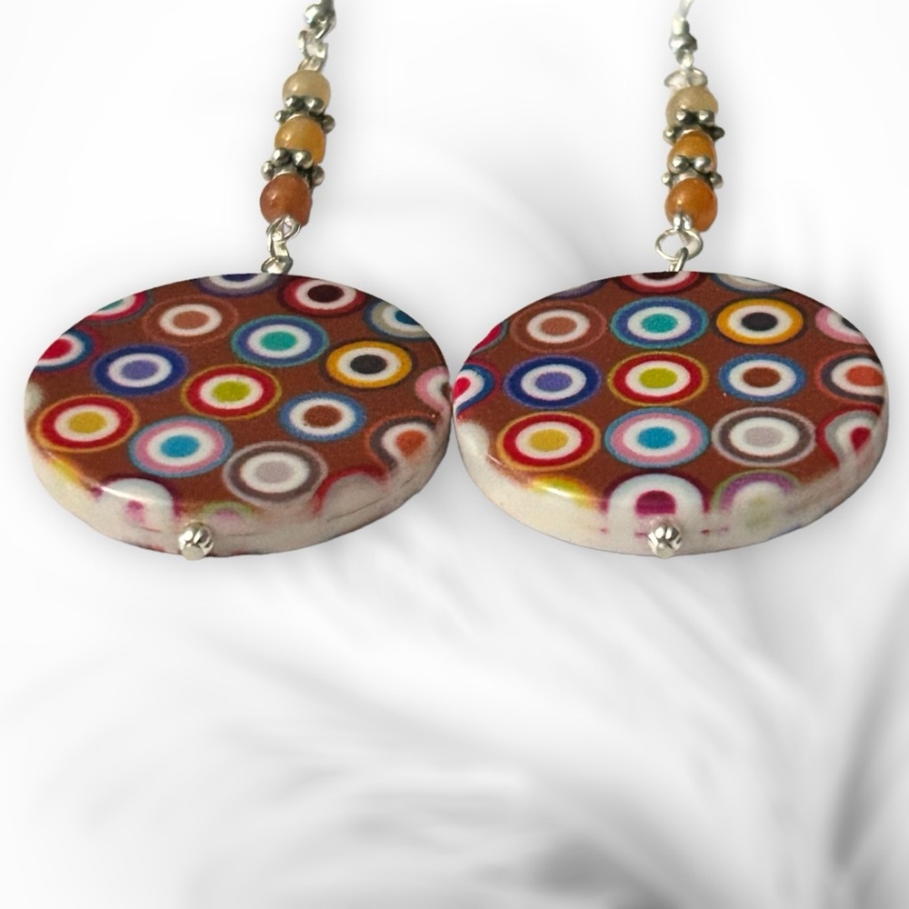 Hand Crafted Earrings Circles Geometric Boho Dangle Silver Brown Yellow Pierced - Picture 8 of 10